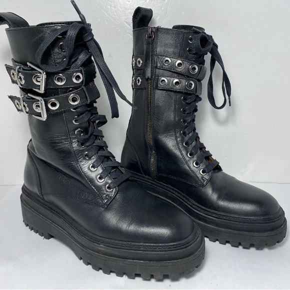 ZARA Black Leather Combat Boots Double Buckle Grommet Lace Up Lug Sole Size 7.5 - Picture 3 of 16
